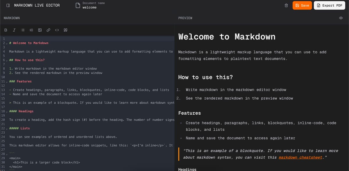 Markdown Live Editor - AI-powered developer tool interface showing markdown live editor functionality